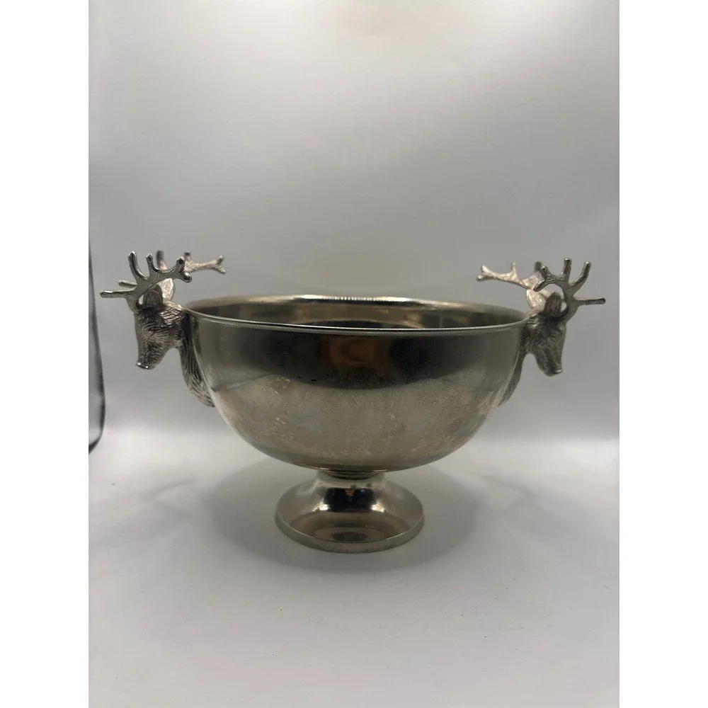 Silver Stag Head Antler Handle Decorative Pedestal Bowl Centerpiece Made India